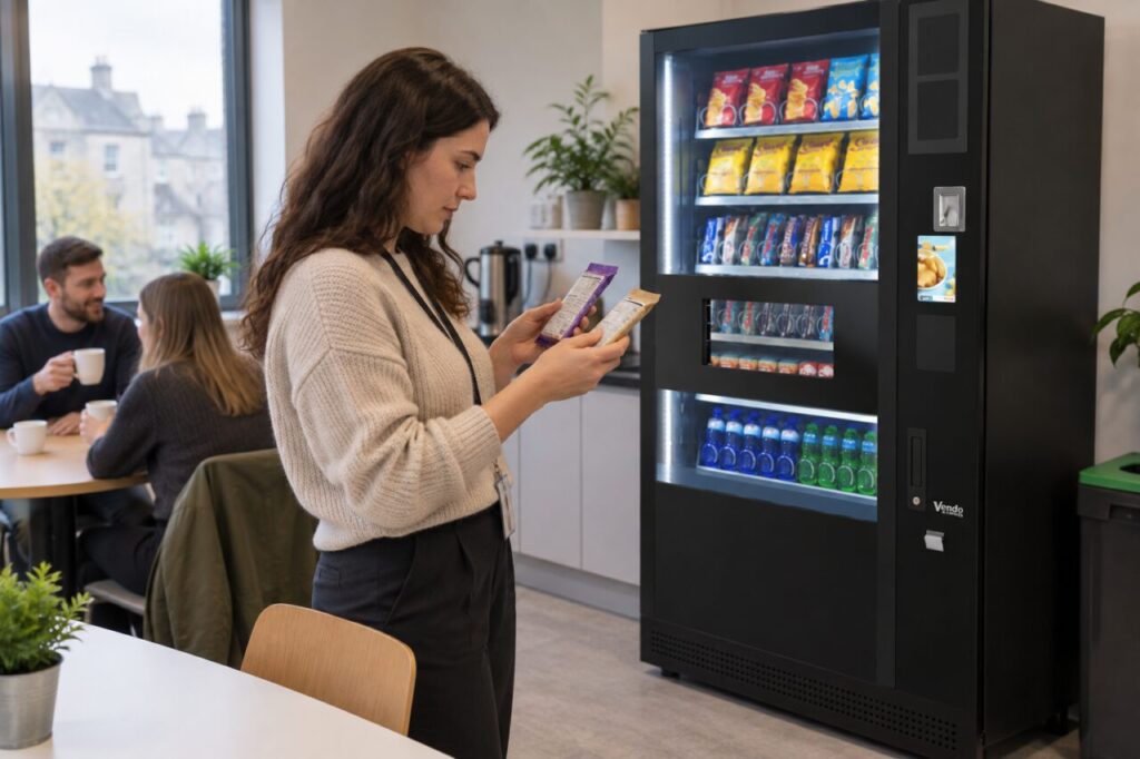 A customer compares two snack labels beside a SandenVendo vending machine.