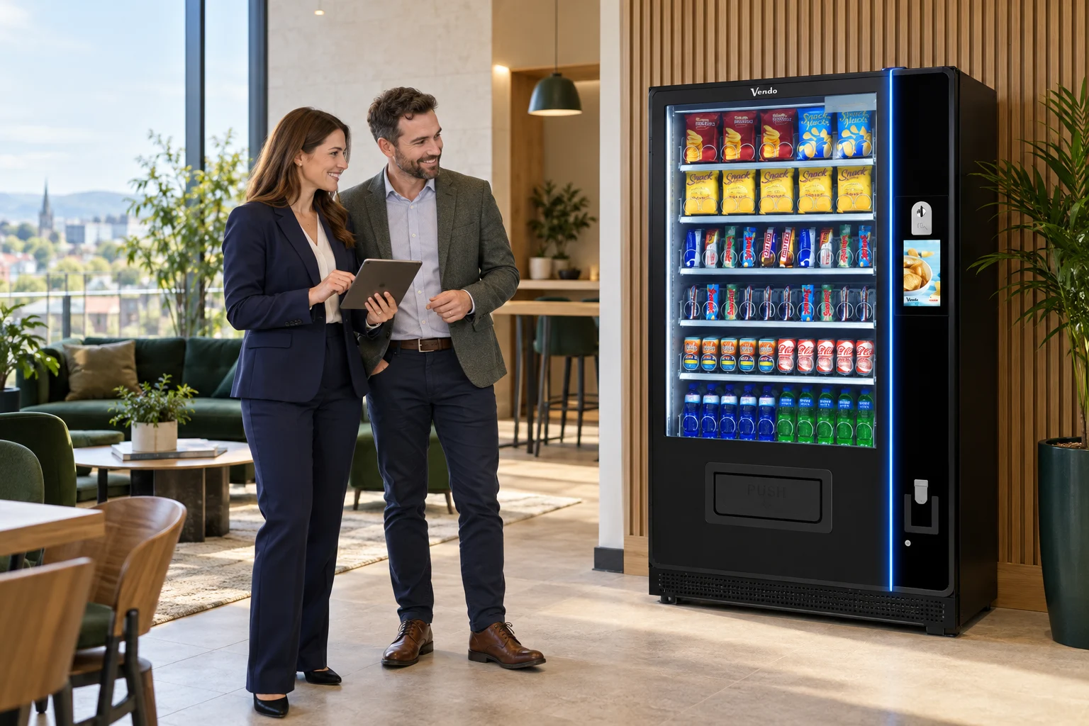 Business owners planning a SandenVendo G-Snack vending machine installation