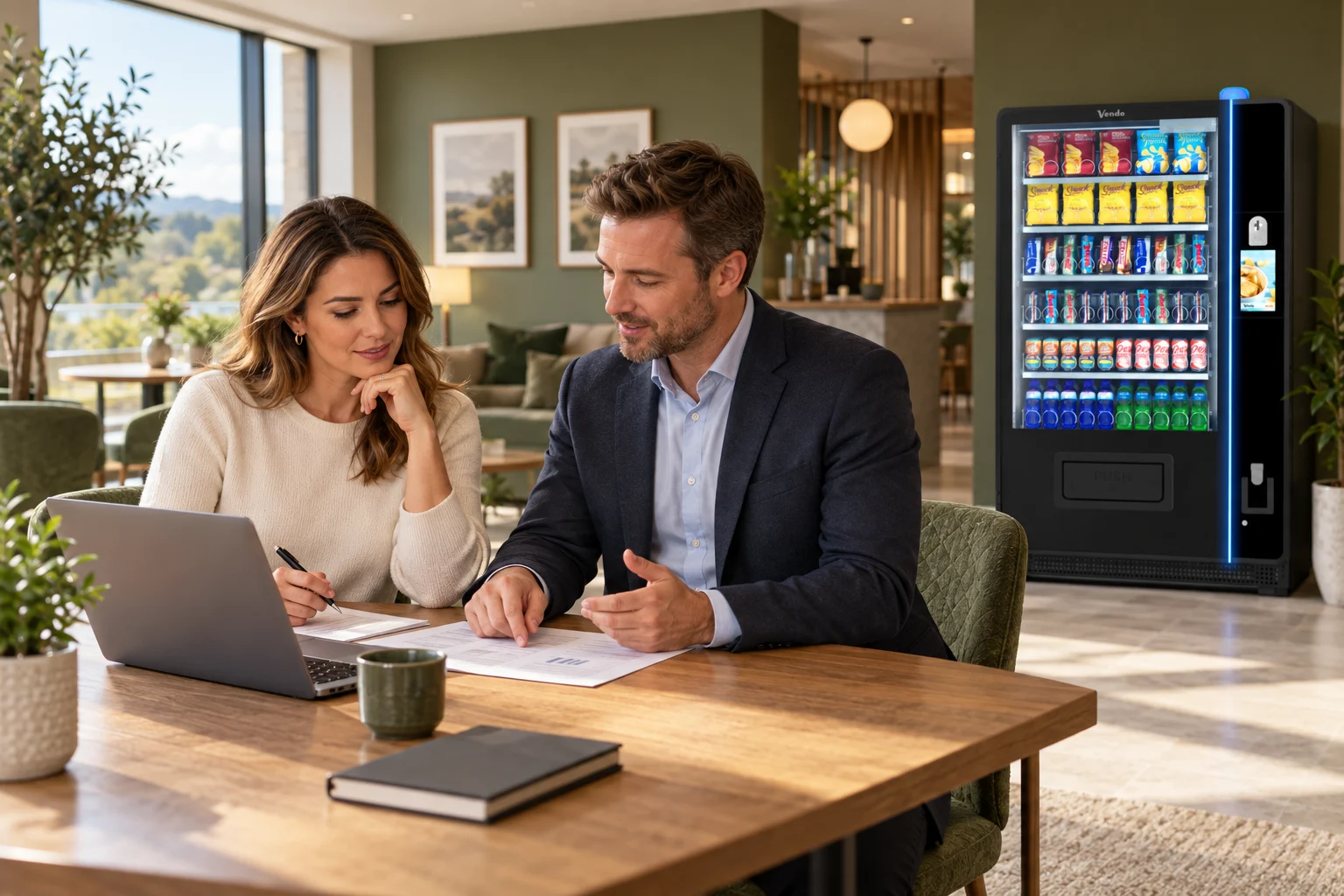 Equipment adviser and business owner reviewing a vending machine leasing budget