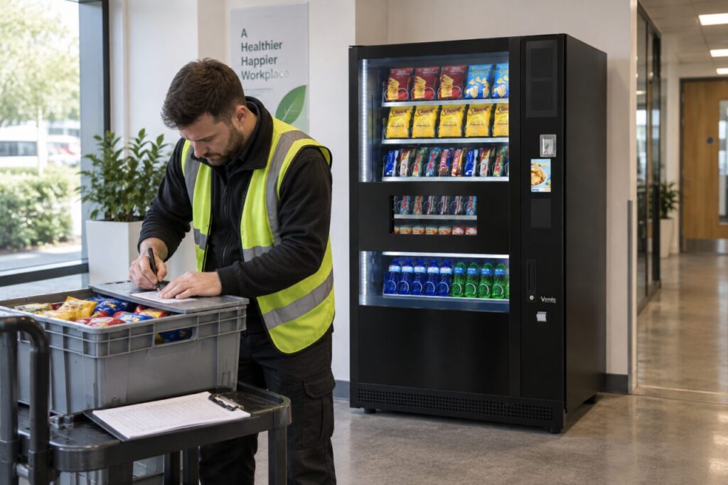 A refill worker records surplus stock beside a SandenVendo machine.