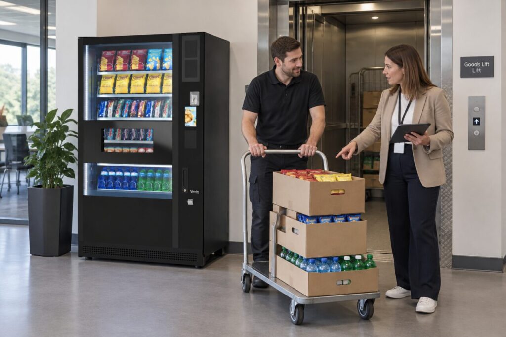 Staff review a stock trolley route near a lift and SandenVendo machine.