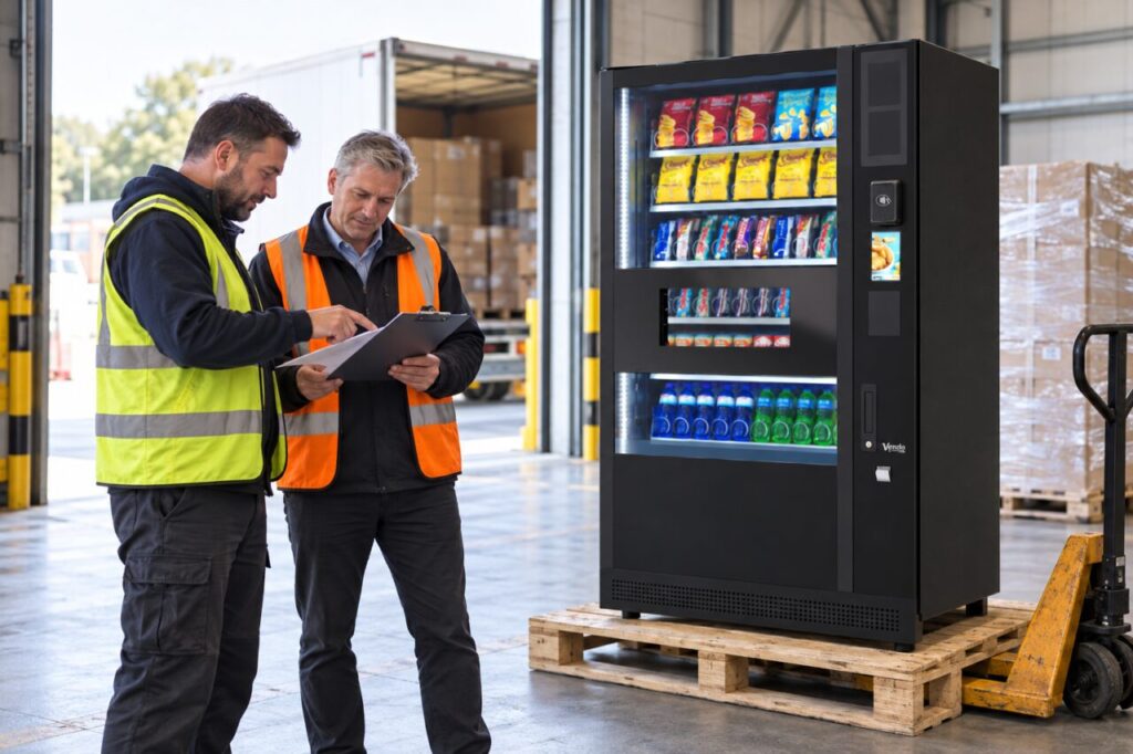 Delivery staff review a booking beside a SandenVendo machine on a pallet.