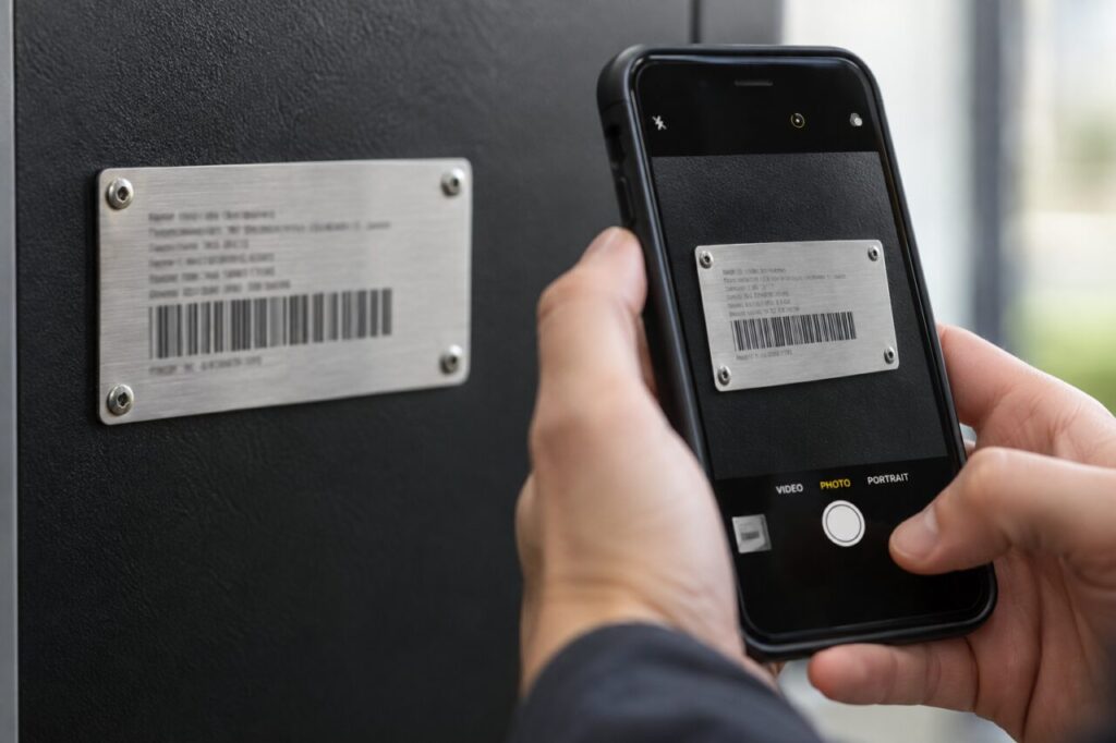 Phone photographing an illustrative equipment identification plate