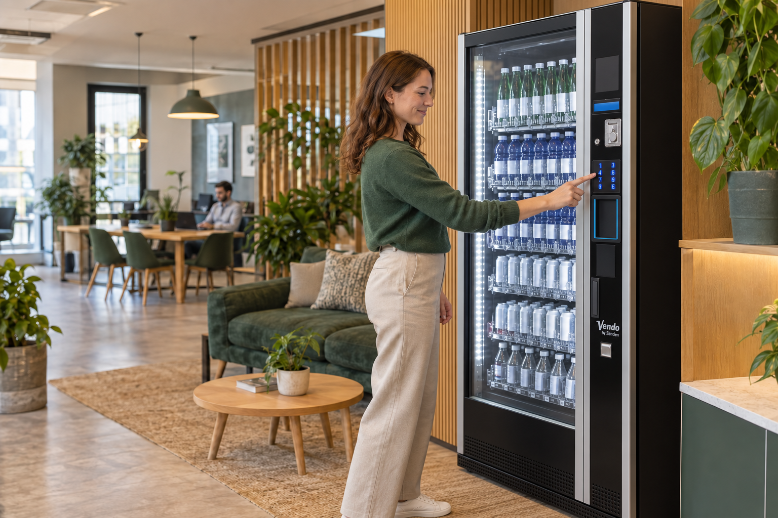 Relaxed office employee selecting a drink from a SandenVendo fully managed vending machine