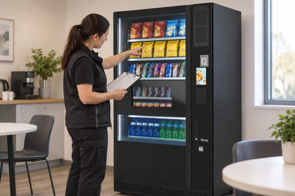 A refill worker compares a clipboard with products inside a SandenVendo vending machine.