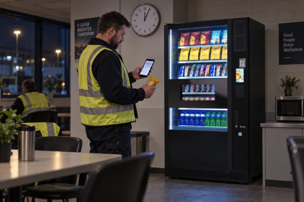 A night-shift worker checks a purchase time beside a SandenVendo machine.