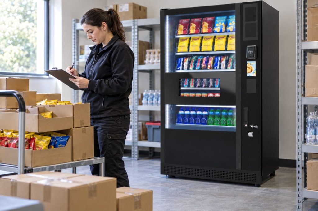 An operator compares a small stock order on a clipboard with stacked snack cartons beside a SandenVendo vending machine in a clean stock room.