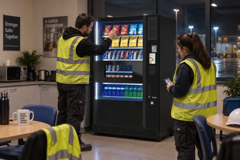 Night-shift workers checking snack choices at a workplace vending machine