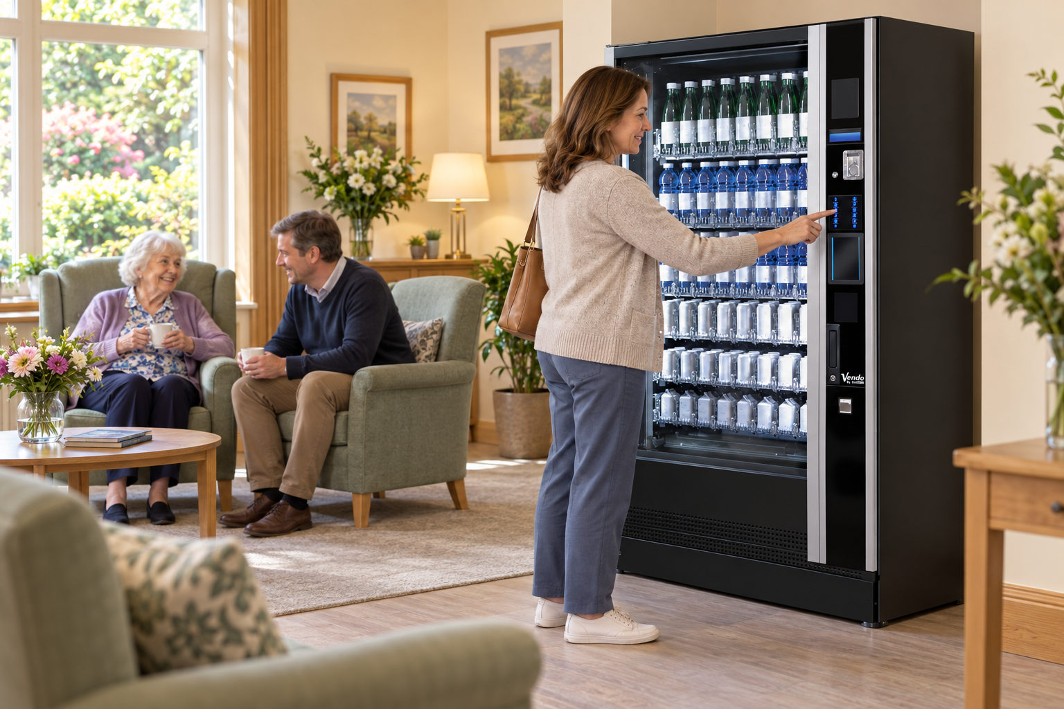 Nursing home vending with a SandenVendo drinks machine in a welcoming visitor lounge