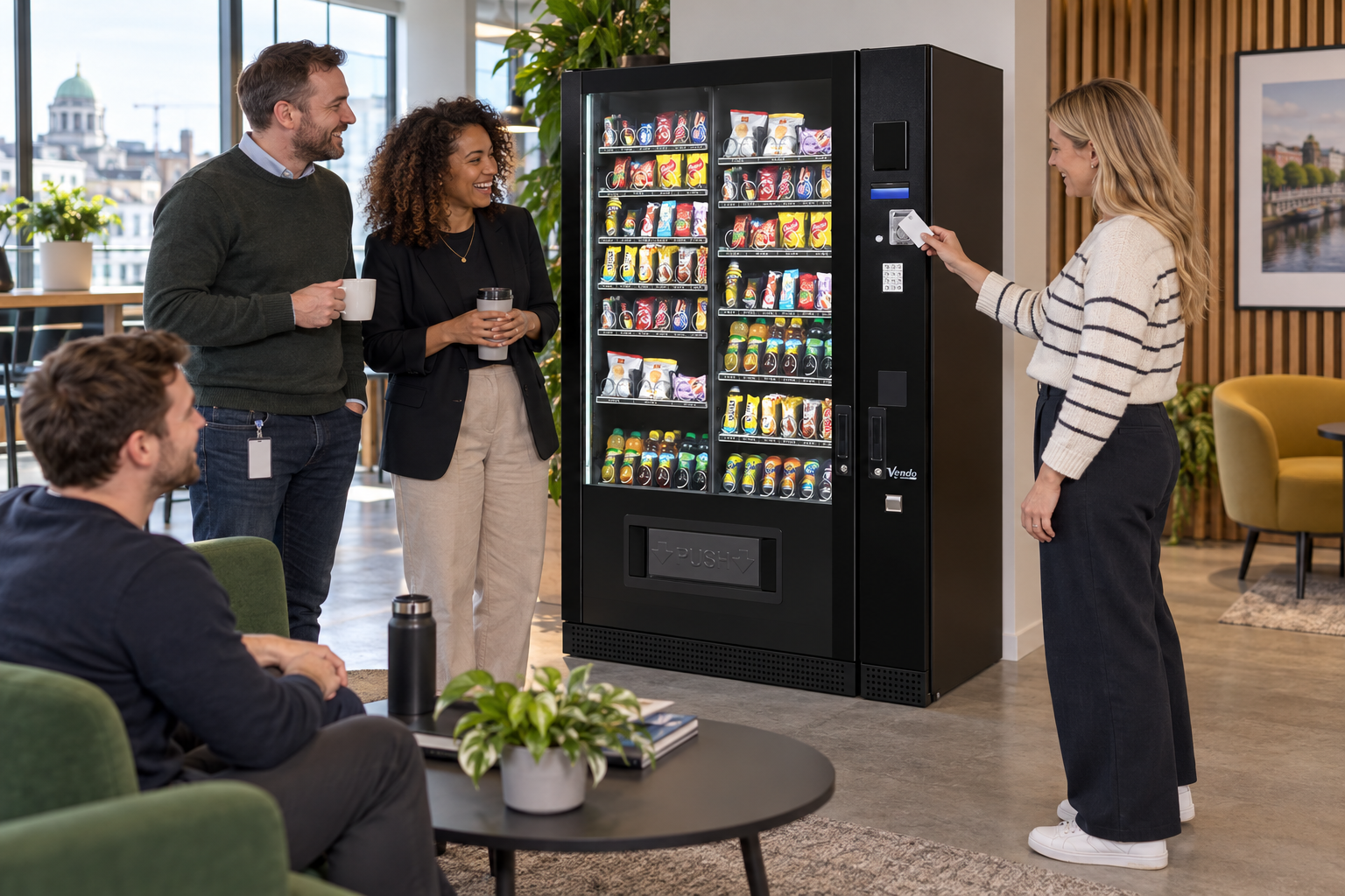 Office colleagues using a SandenVendo G-Snack Standard in a workplace lounge