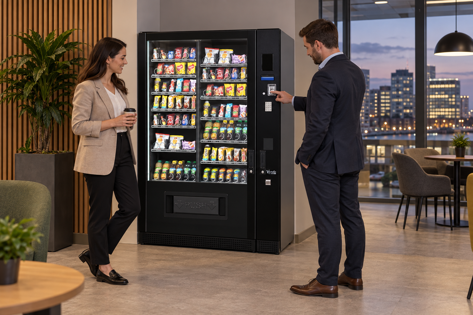 Colleagues using office vending machines during an evening break