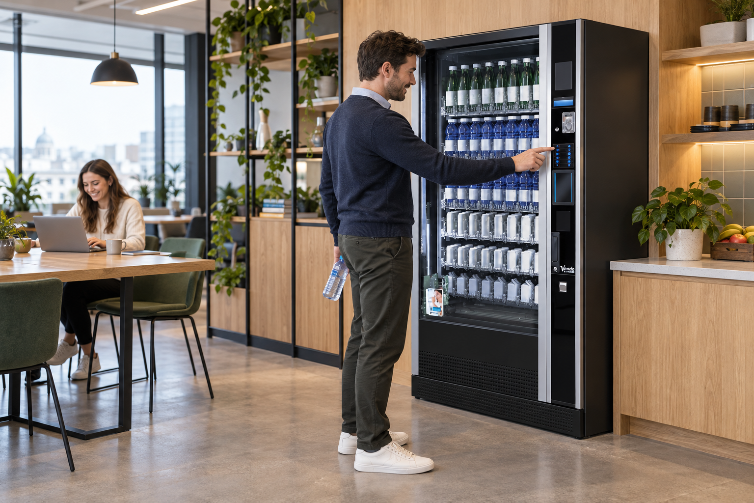 Office worker selecting water from a SandenVendo G-Drink machine