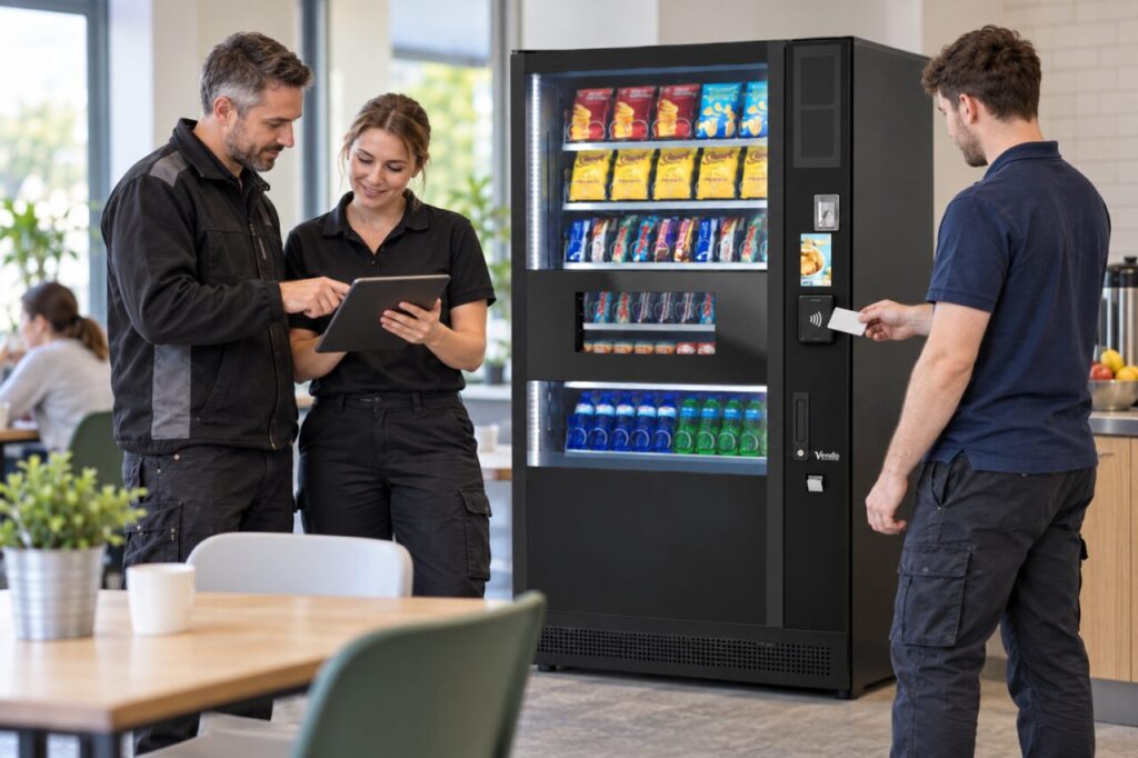 An operator and technician check a tablet while a colleague holds a card at a separate black contactless reader mounted below the food picture on a SandenVendo vending machine