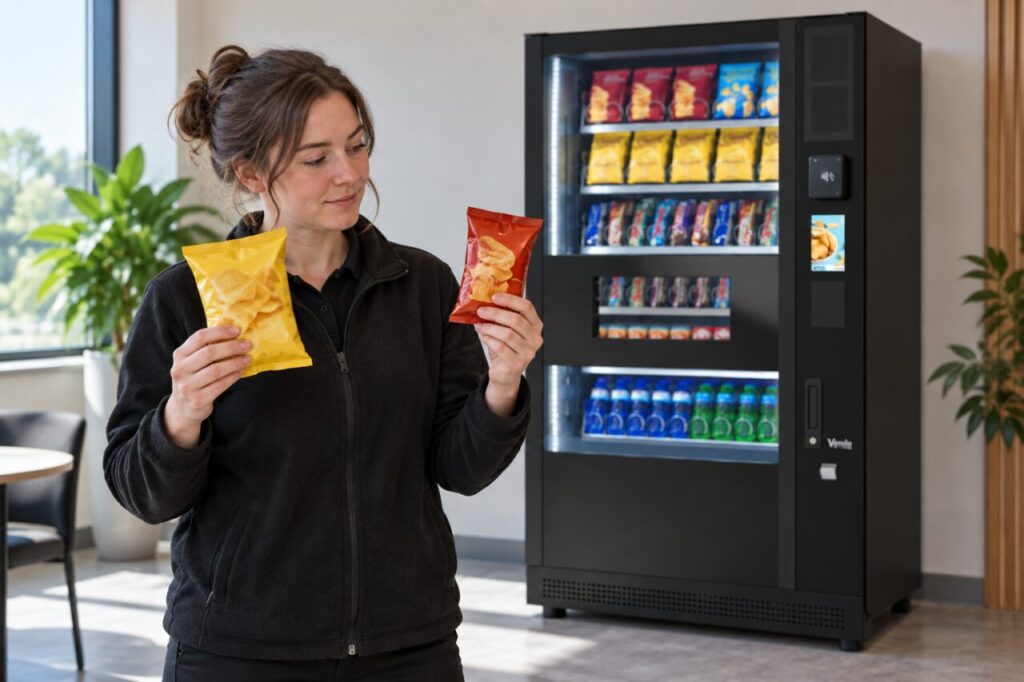 A worker holds two differently sized sealed snack packets side by side in front of a SandenVendo vending machine and compares their size.