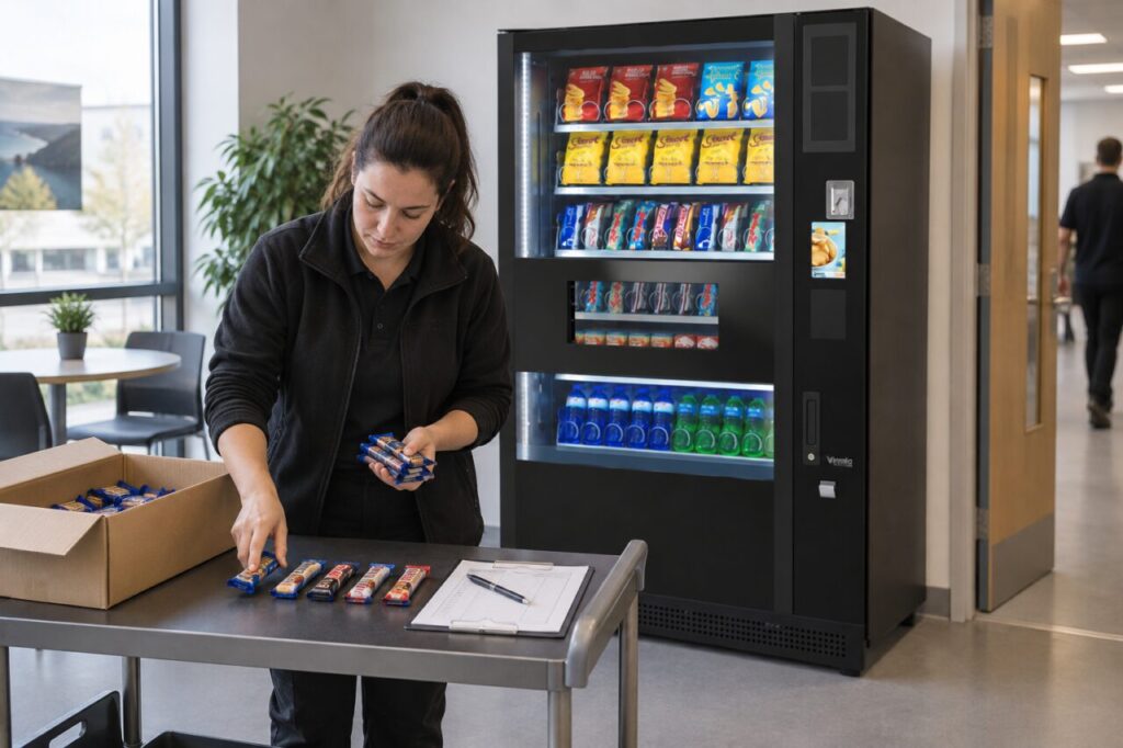 A refill worker counts individual snack bars beside a SandenVendo machine.