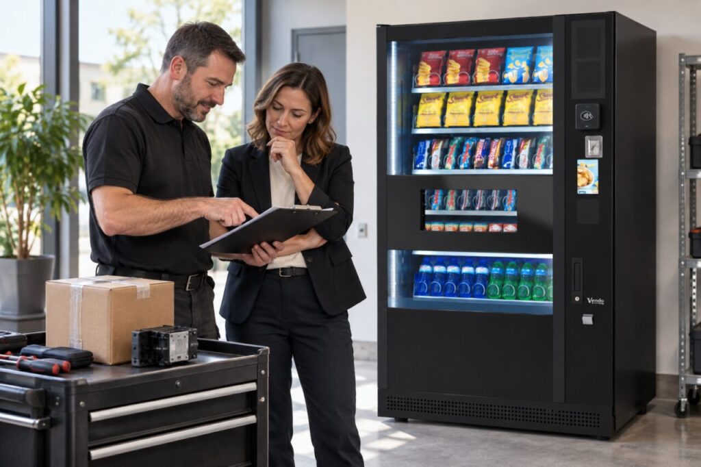 A technician and manager review a repair quotation on a clipboard beside a SandenVendo vending machine