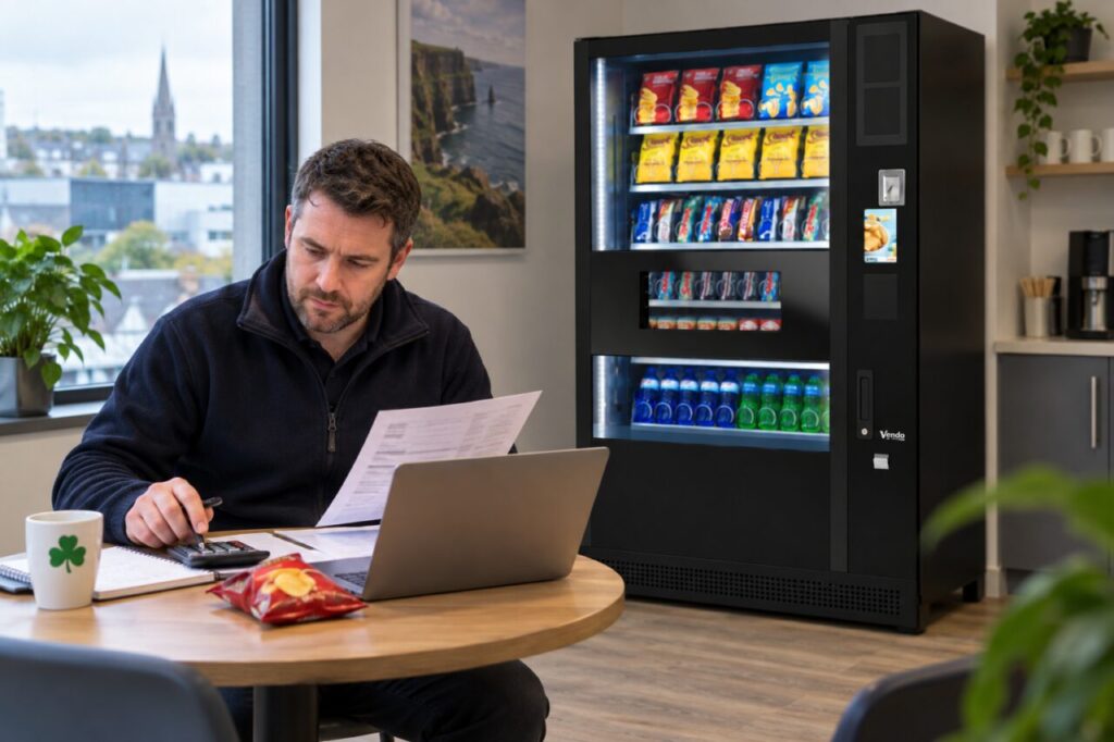 An operator compares vending payment records beside a SandenVendo machine.