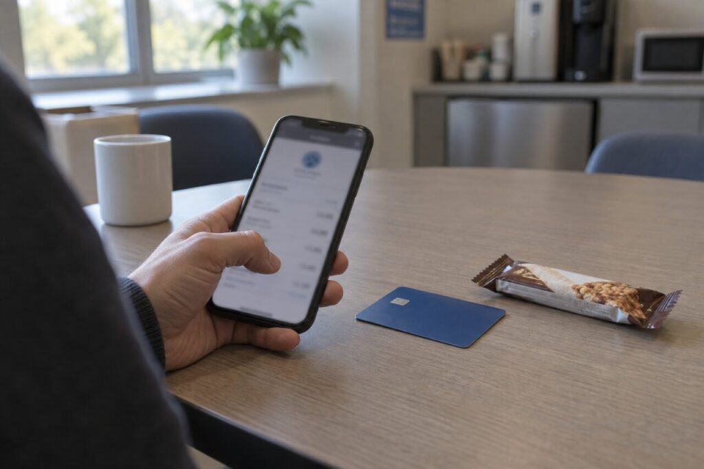 Phone beside a payment card and snack bar while a purchase is being checked