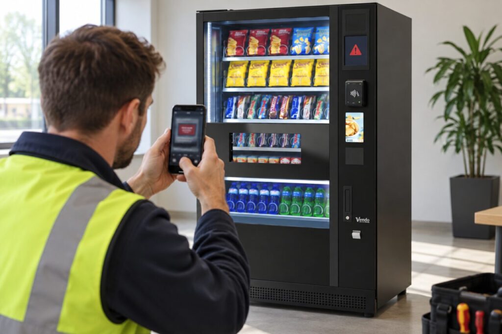 A worker carefully photographs only an error display on a SandenVendo vending machine while keeping bystanders out of frame