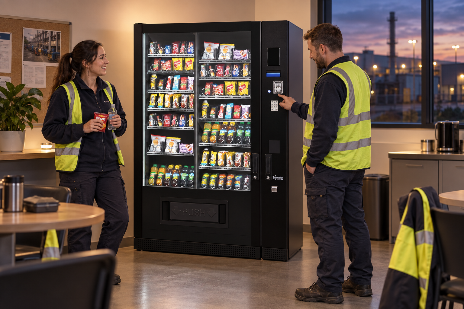 Production staff using manufacturing vending machines during an evening break