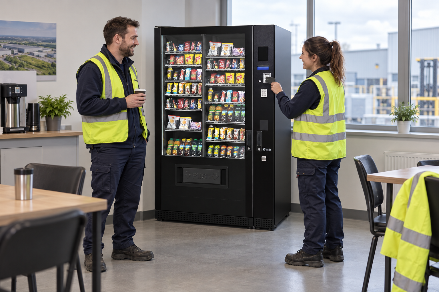 Factory staff buying from a SandenVendo G-Snack Standard during a break