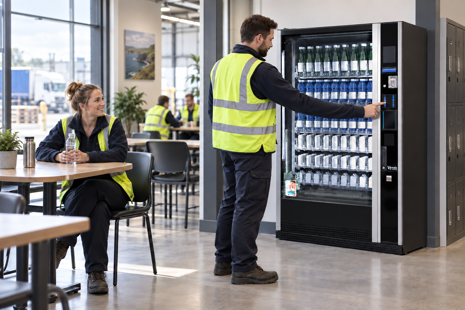Warehouse worker choosing water from a SandenVendo G-Drink machine