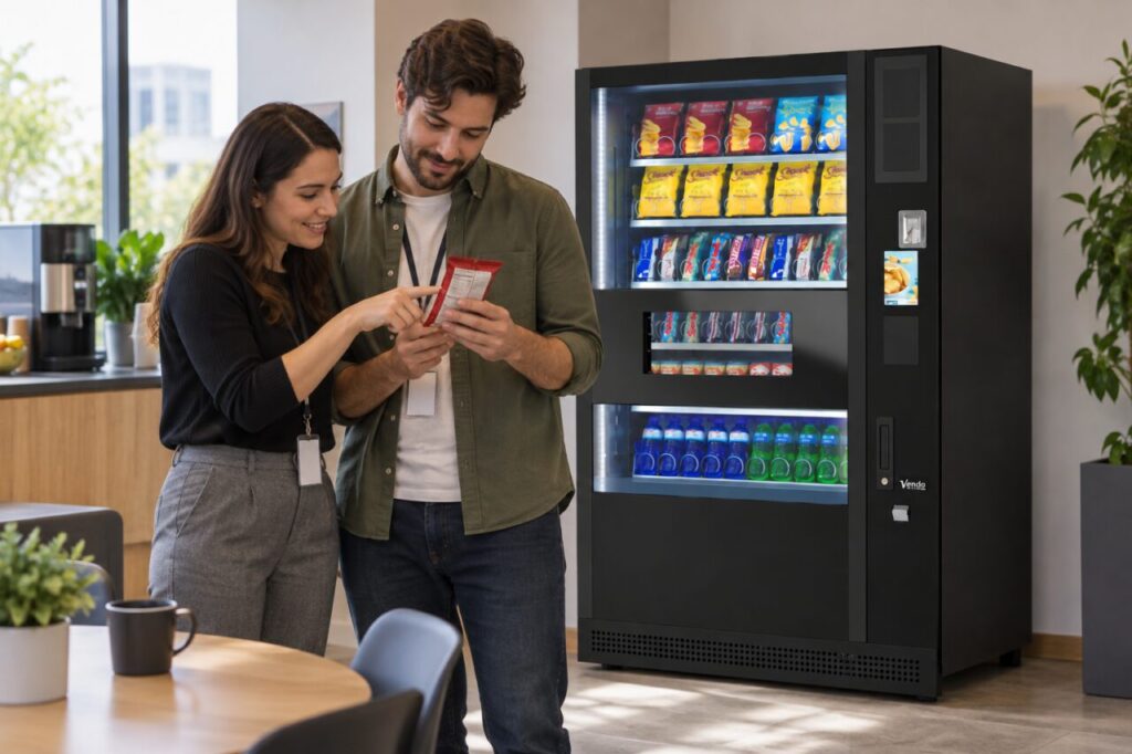 Colleagues reading the nutrition panel on a snack packet beside a SandenVendo vending machine