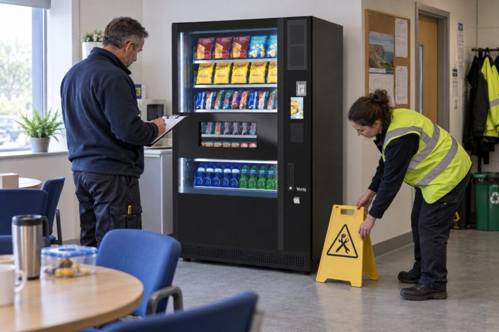 Facilities staff record checks beside a closed SandenVendo machine after a power interruption.