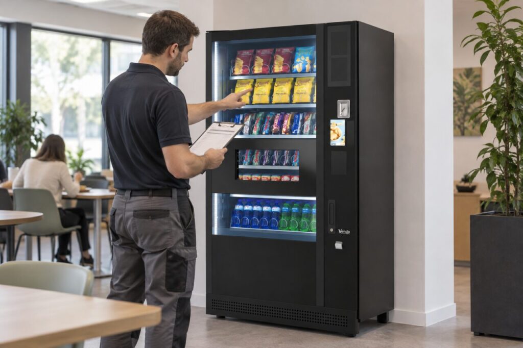 An operator compares a price checklist with shelf products inside a SandenVendo vending machine.