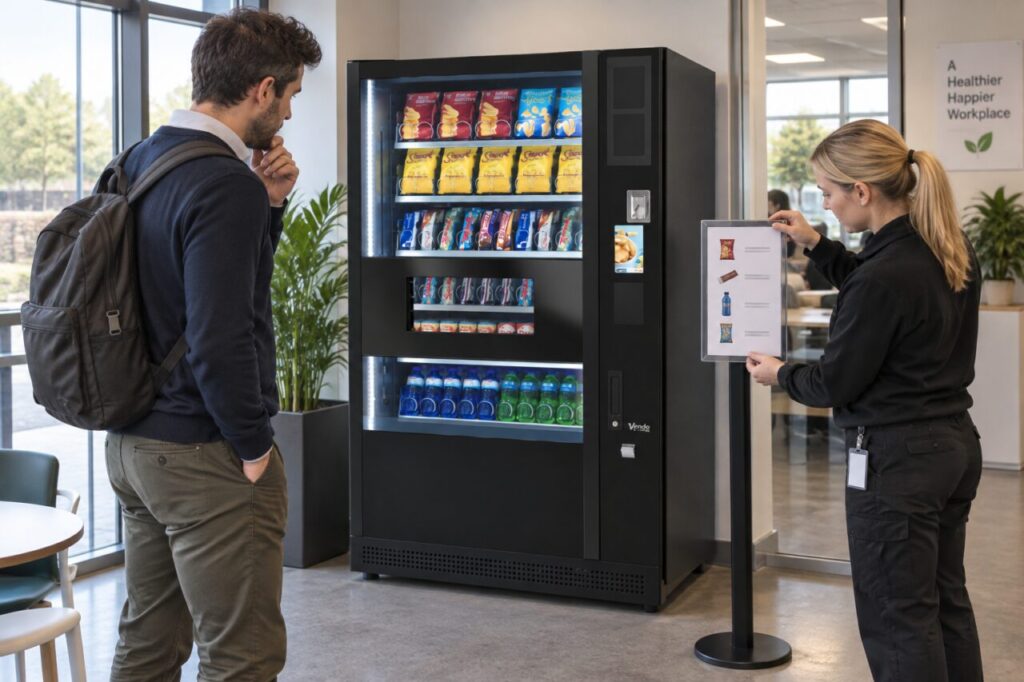 Staff check a product price guide beside a SandenVendo machine.
