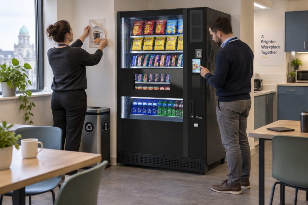 Staff remove a temporary promotion notice beside a SandenVendo machine while checking its controls.