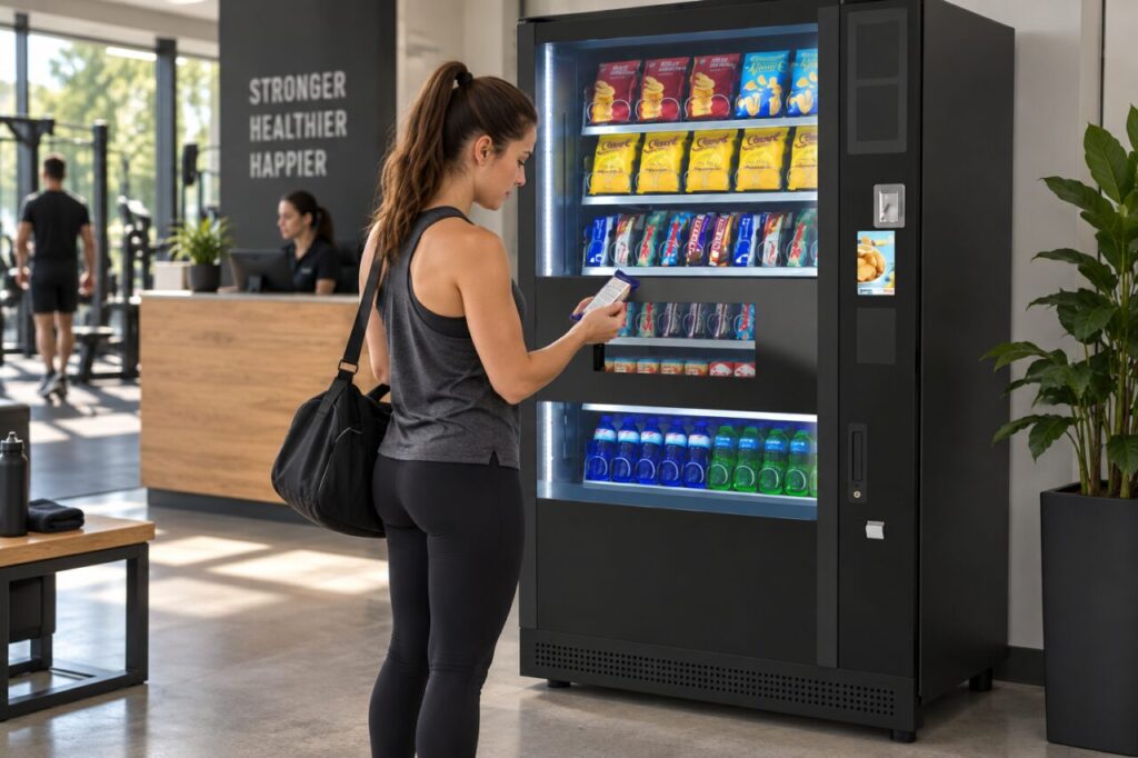 A gym visitor checks a protein bar label beside a SandenVendo vending machine.
