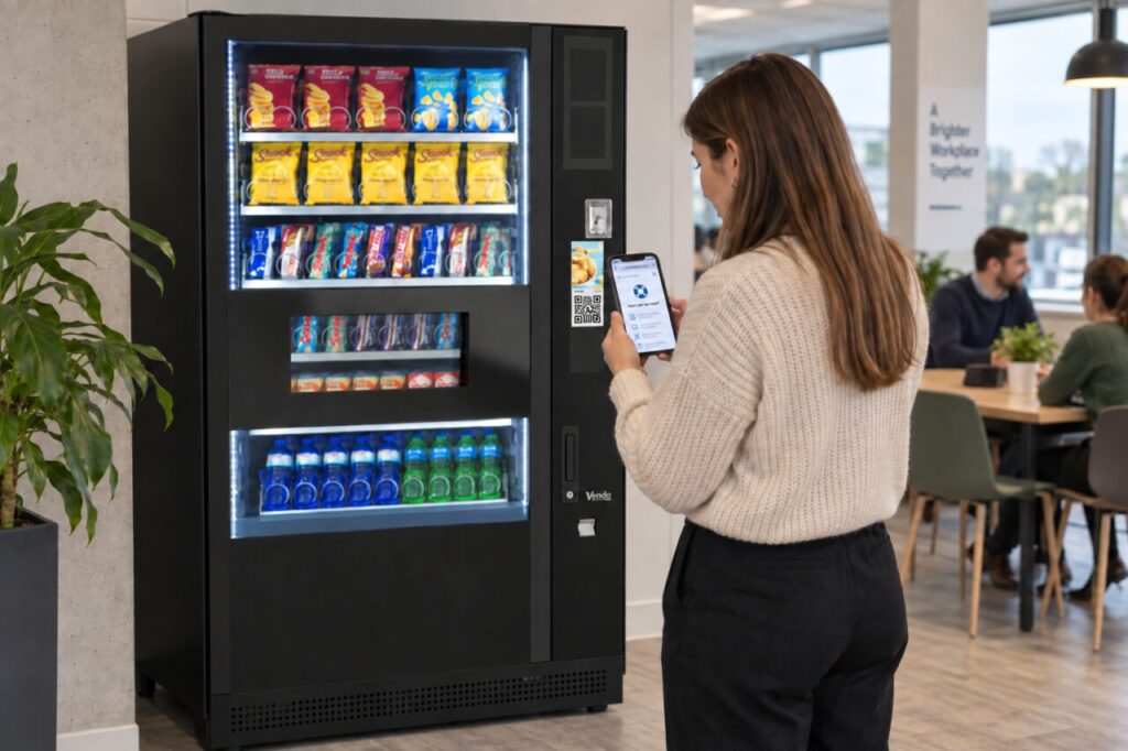 A customer checks a support link beside a SandenVendo vending machine.