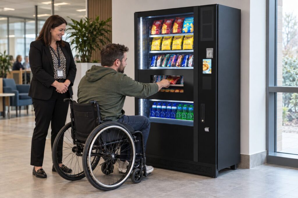 A wheelchair user collects a snack from a SandenVendo machine.