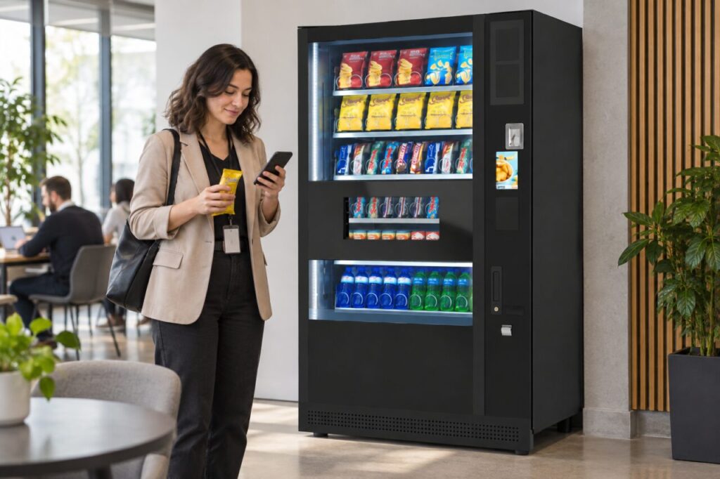 A customer checks her phone after buying a snack from a SandenVendo machine in an office lobby.