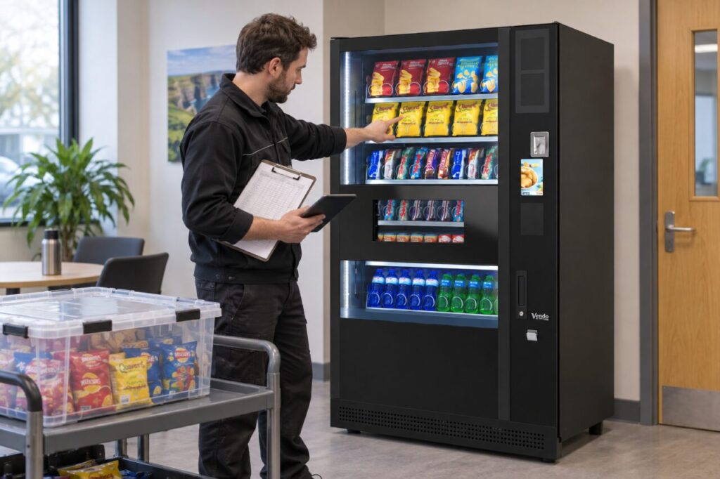 Operator comparing a physical vending stock count with a tablet report