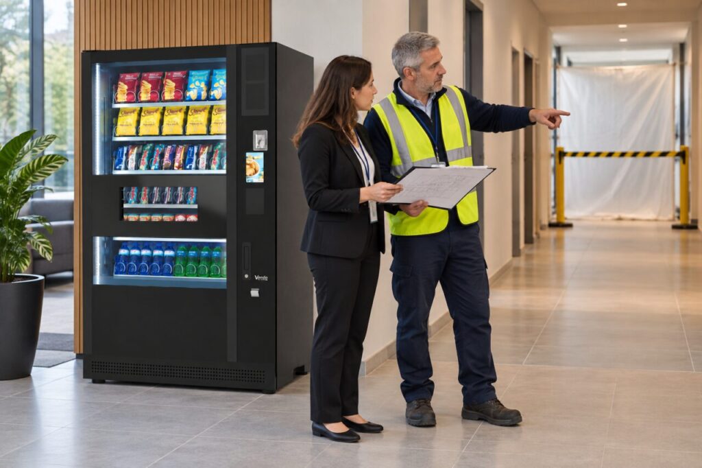 Two facilities staff review a refurbishment plan beside a SandenVendo vending machine in an office.