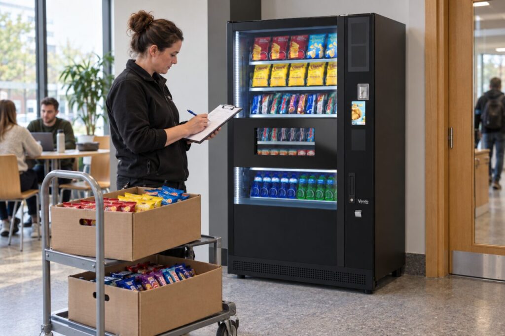 A stock planner reviews a delivery calendar and snack cartons beside a SandenVendo machine.
