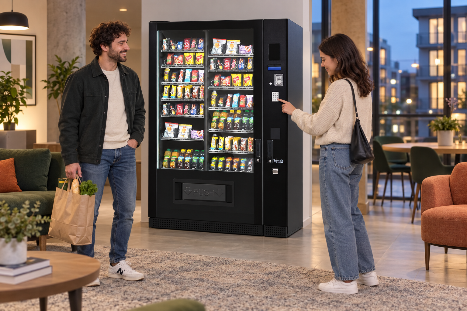 Residents selecting a snack from a SandenVendo G-Snack Standard in an apartment lobby