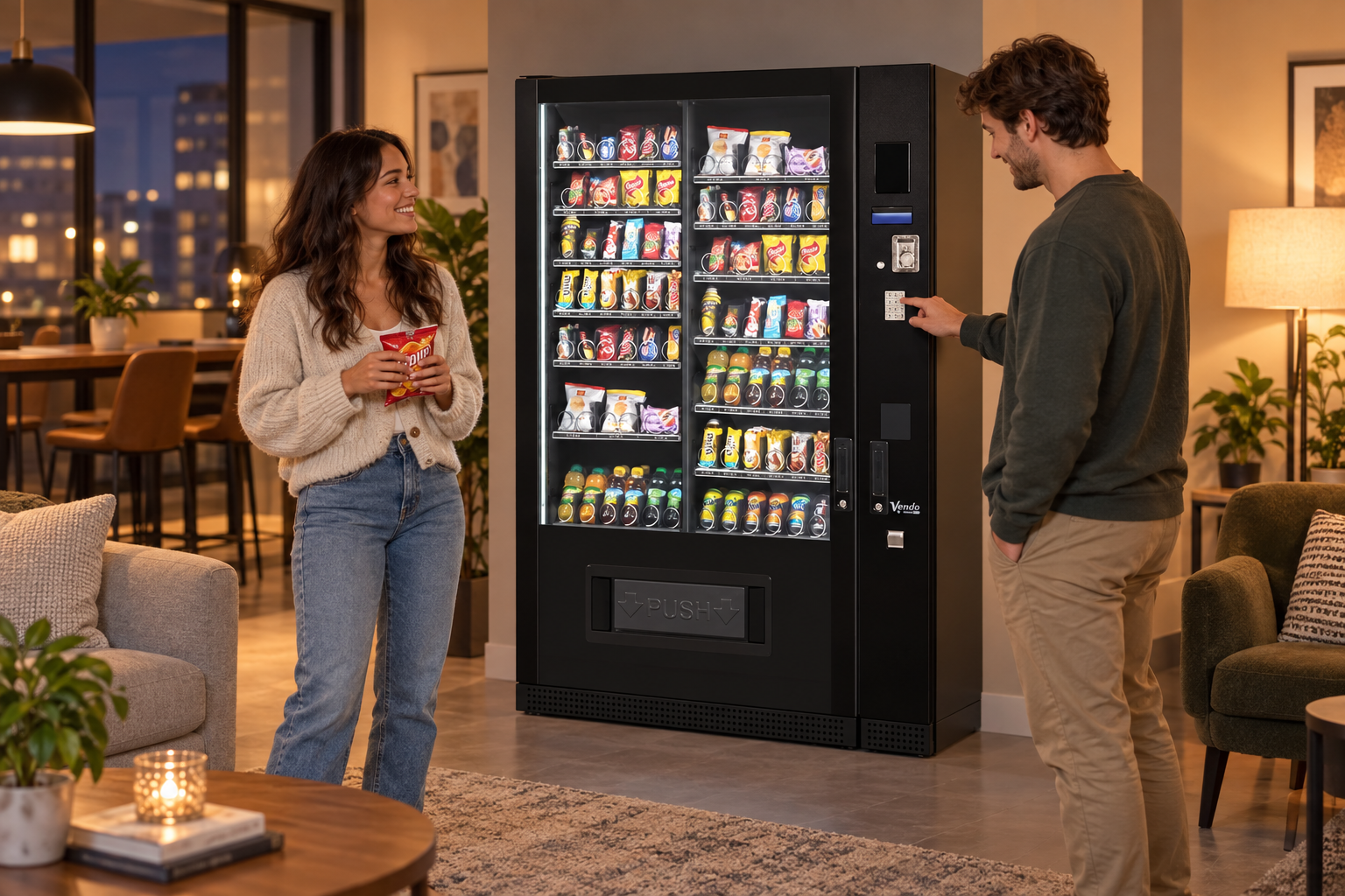Neighbours using residential vending machines in an apartment lounge
