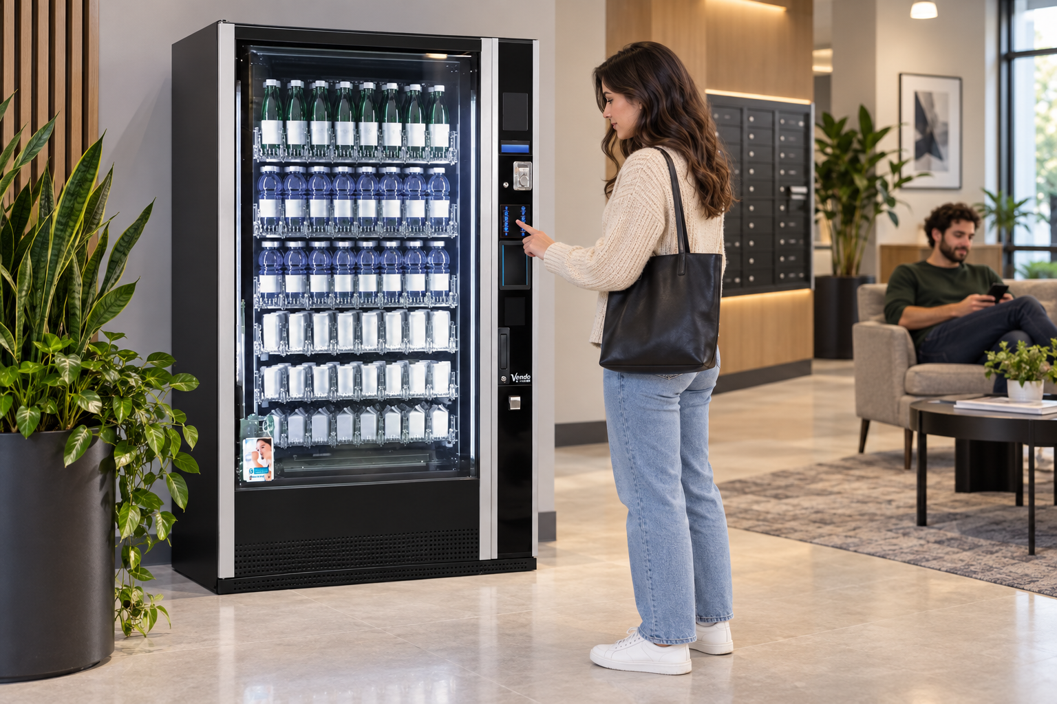 Resident choosing water from a SandenVendo G-Drink in a shared residential lobby