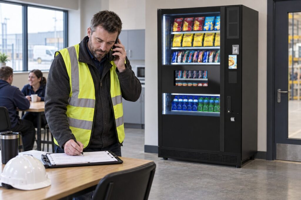 A site manager records a support call beside a closed SandenVendo vending machine.
