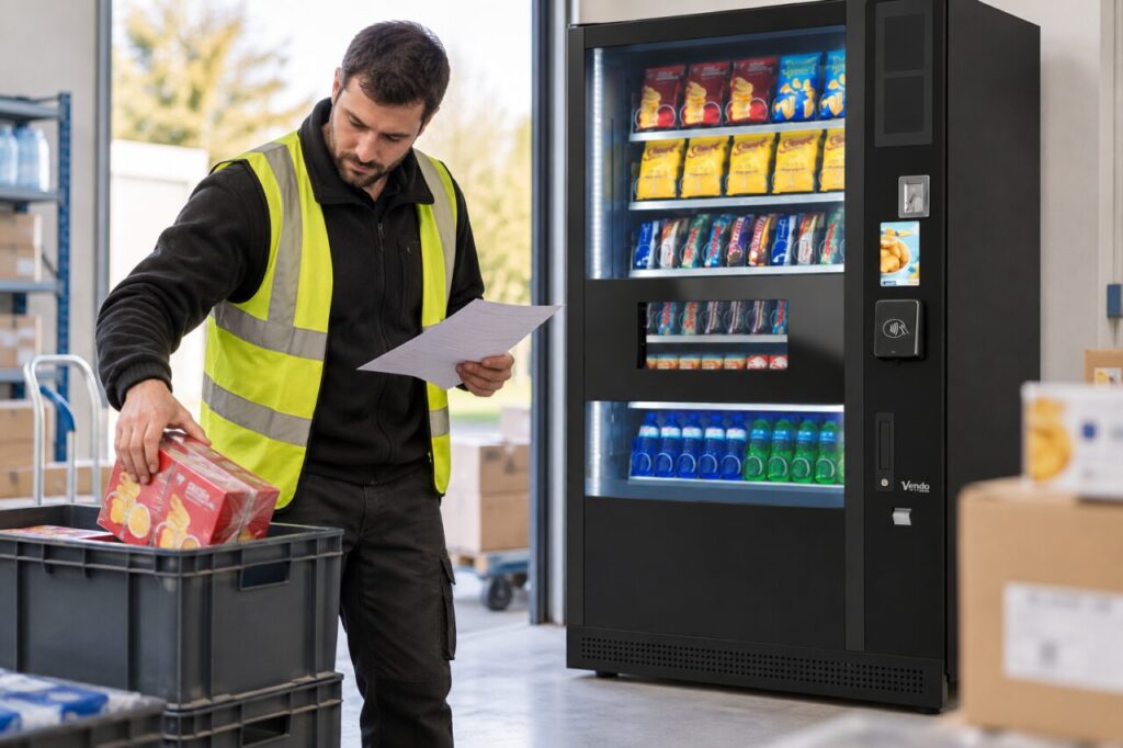 A refill worker separates an incorrect sealed snack carton into a clearly separate return crate beside a SandenVendo vending machine