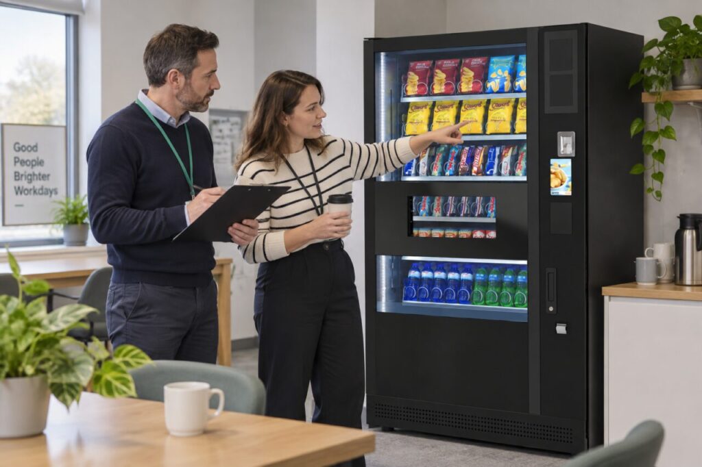 Buyer and adviser discuss a vending machine buying brief beside a SandenVendo machine