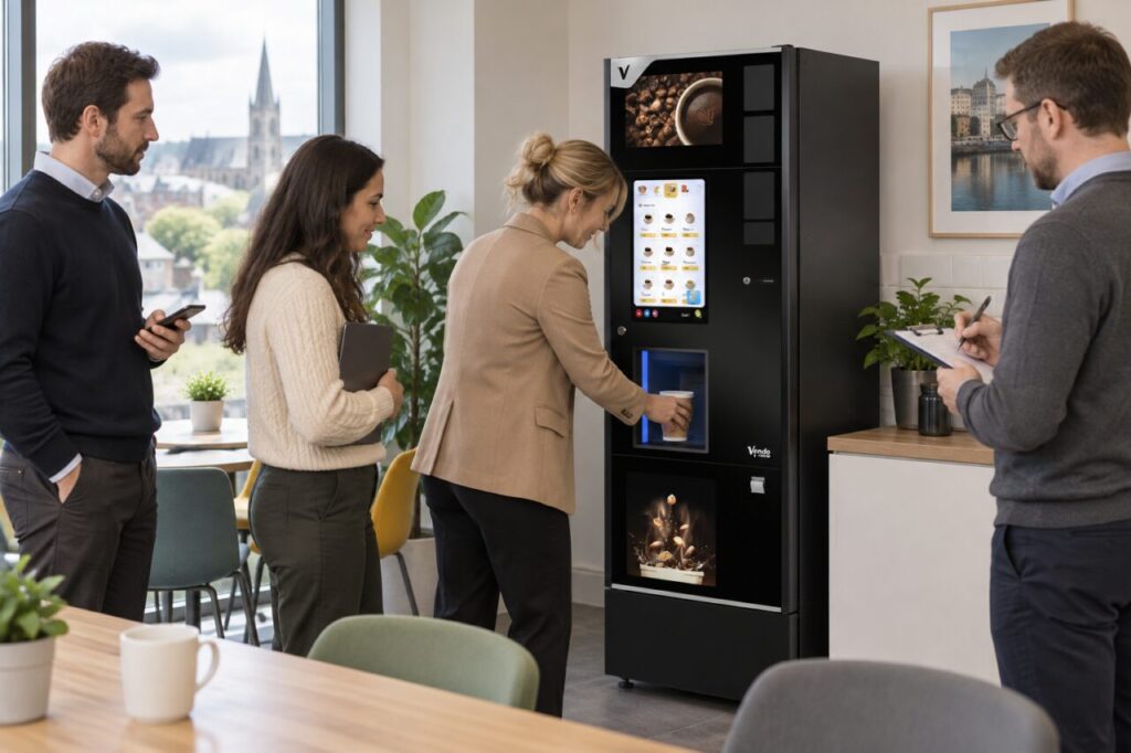 Colleagues test a morning coffee queue at a SandenVendo coffee vending machine