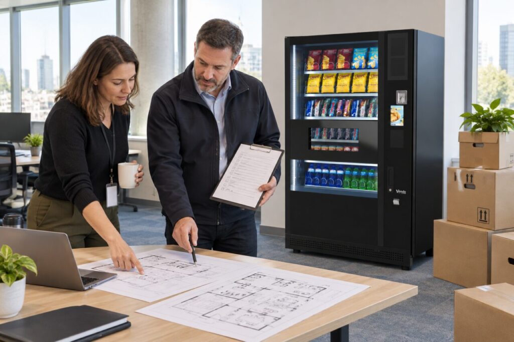 Facilities manager reviews a workplace move beside a hired vending machine