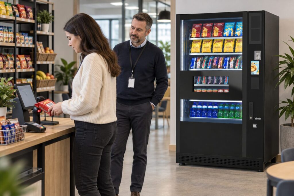 Customer tests a micro-market checkout beside a snack vending machine