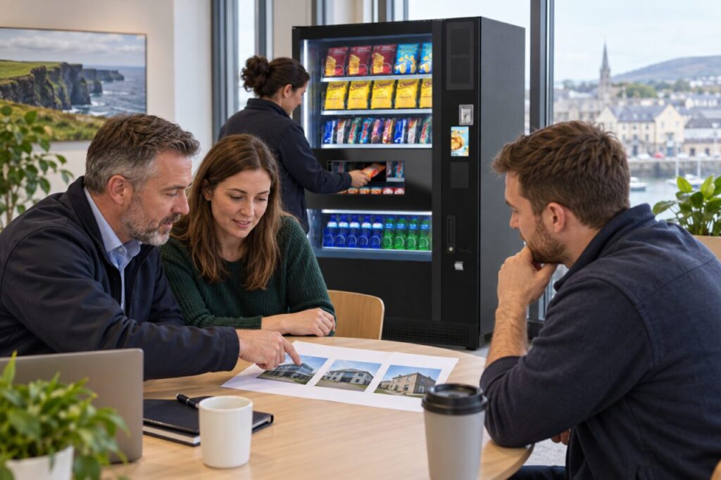 Site representatives plan vending service across several locations beside a vending machine