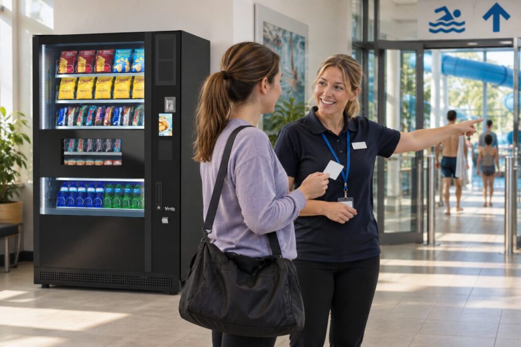Customer discusses where to use a prepaid card in a leisure-centre vending area