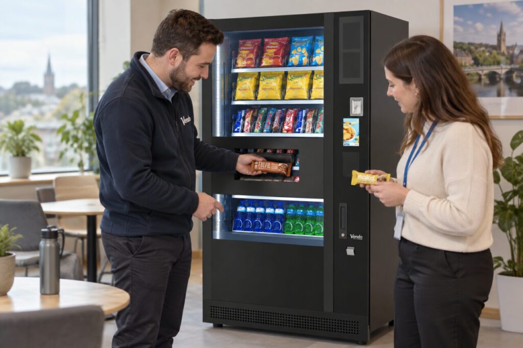 Buyer watches a protein bar demonstration at a SandenVendo vending machine